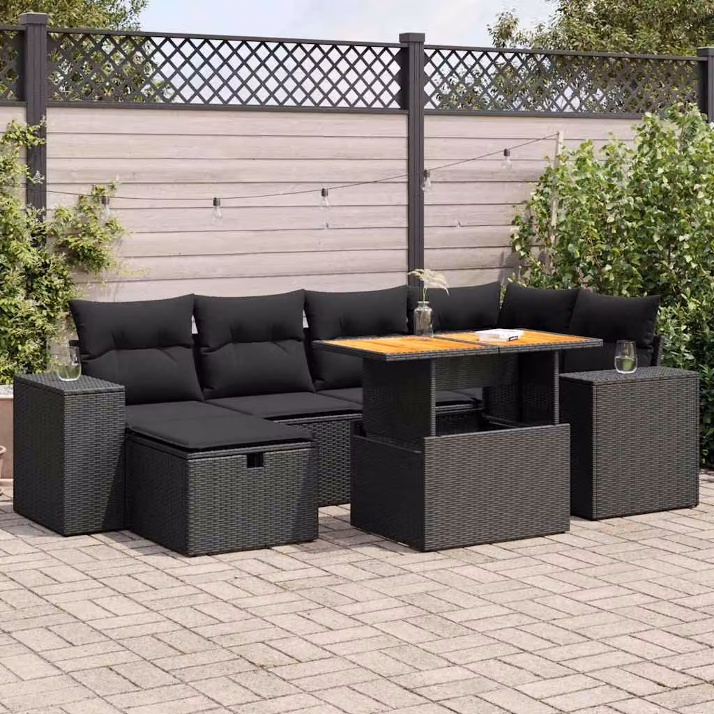 Set Divani da Giardino vidaXL a Forma di L in Polyrattan Nero con Cuscini e Tavolino, 8 Pezzi