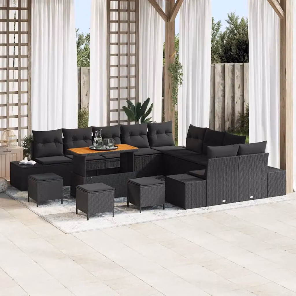 Set Divano da Giardino vidaXL 14 Pezzi a Forma di U in Polyrattan Nero con Cuscini e Tavolino – 1