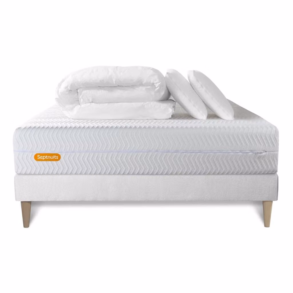 Set letto completo Septnuits Memo Bio con materasso, box spring con doghe, 2 cuscini e piumino, colore bianco – 2