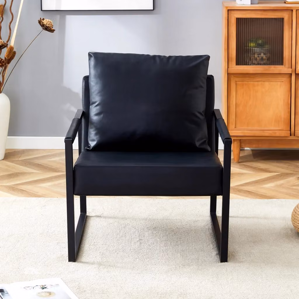 Poltrona OKWISH in ecopelle nera con struttura in metallo e braccioli, ideale per soggiorno o ufficio, L: 79 cm, P: 65 cm, H: 28 cm – 2