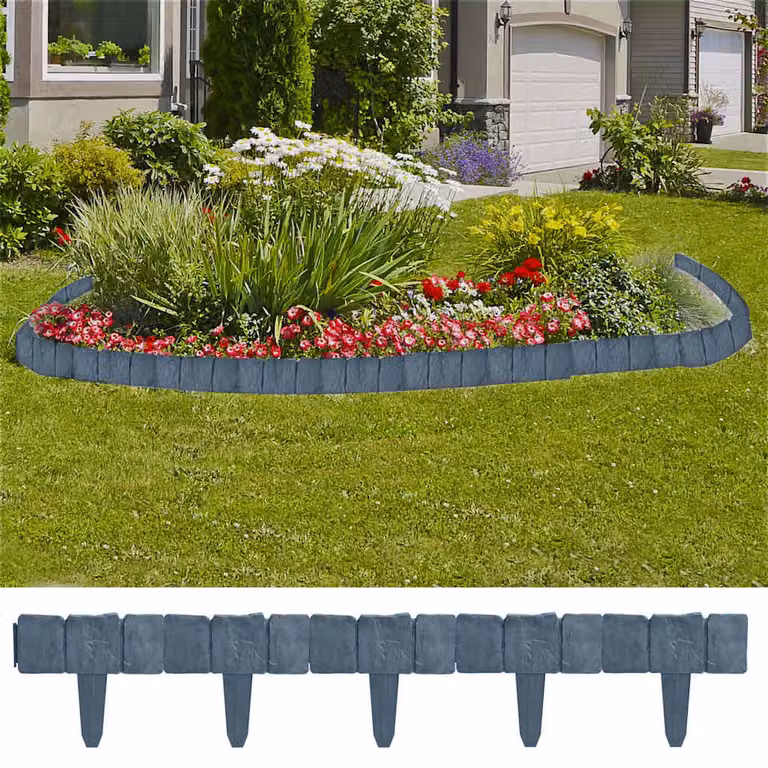 Set di 41 pezzi di recinzione per giardino e prato vidaXL in plastica effetto pietra grigia, lunghezza 10 m