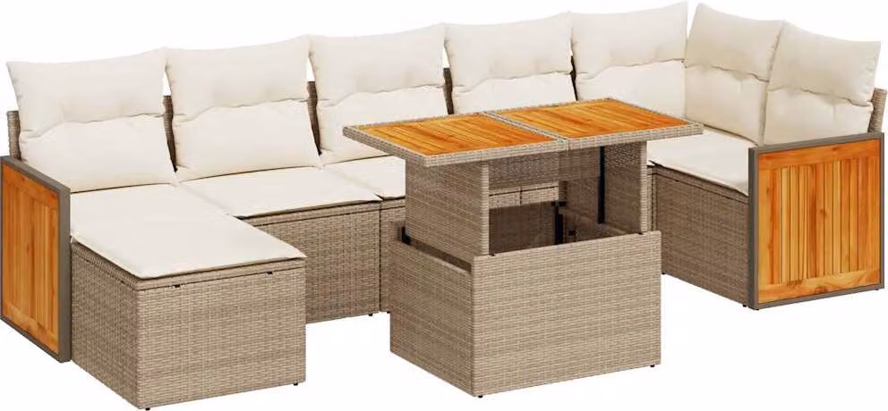 Set Divano da Giardino 8 pz con Cuscini Beige Polyrattan Acacia