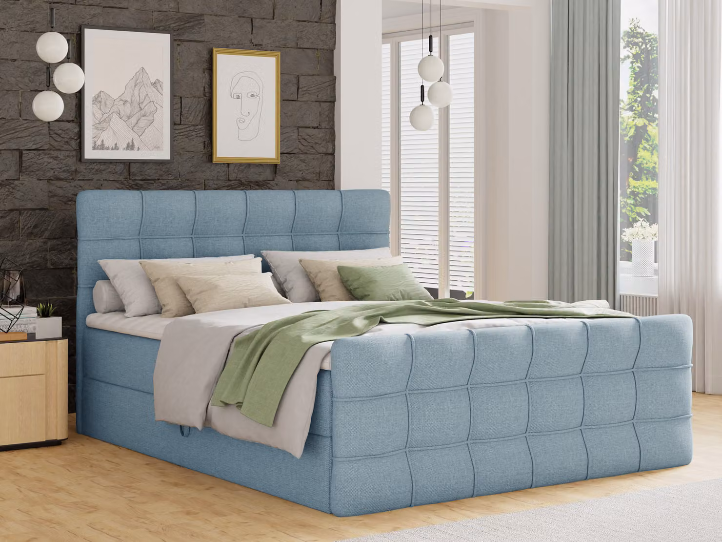 Letto boxspring Best Lux con pediera, 2 cassetti, materasso Bonell e topper (blu (Vidar 83), 140 x 200 cm)