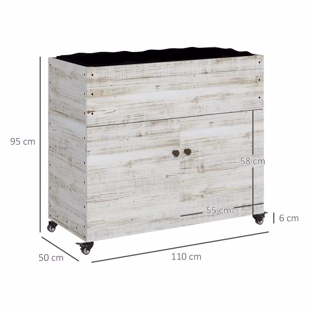 Fioriera rialzata in legno di abete con vano contenitore e ruote WISHDOR bianca L/P/H: 110 x 50 x 95 cm – 2