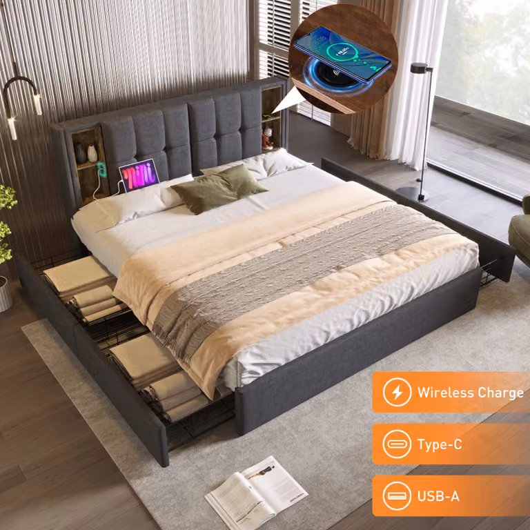 Letto imbottito Flieks 160x200cm con 4 cassetti, letto contenitore con rete a doghe, letto giovanile letto matrimoniale con funzione di ricarica USB e wireless, lino, grigio