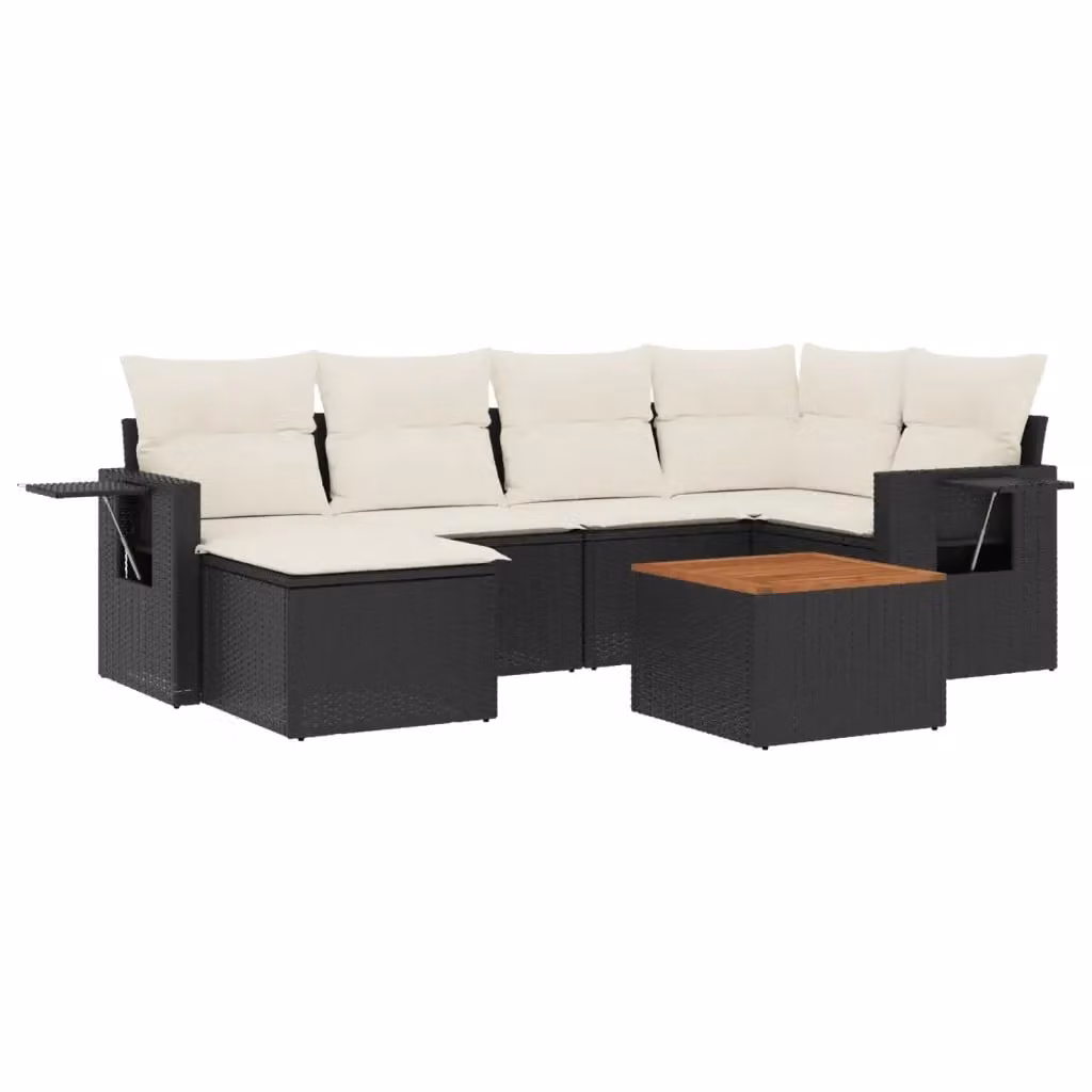 vidaXL Set Divani da Giardino a L con Cuscini 7pz in Polyrattan e Legno di Acacia Nero e Bianco – 2