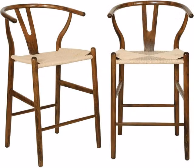Set 2 sgabelli da bar vintage in legno di faggio e corde, marrone