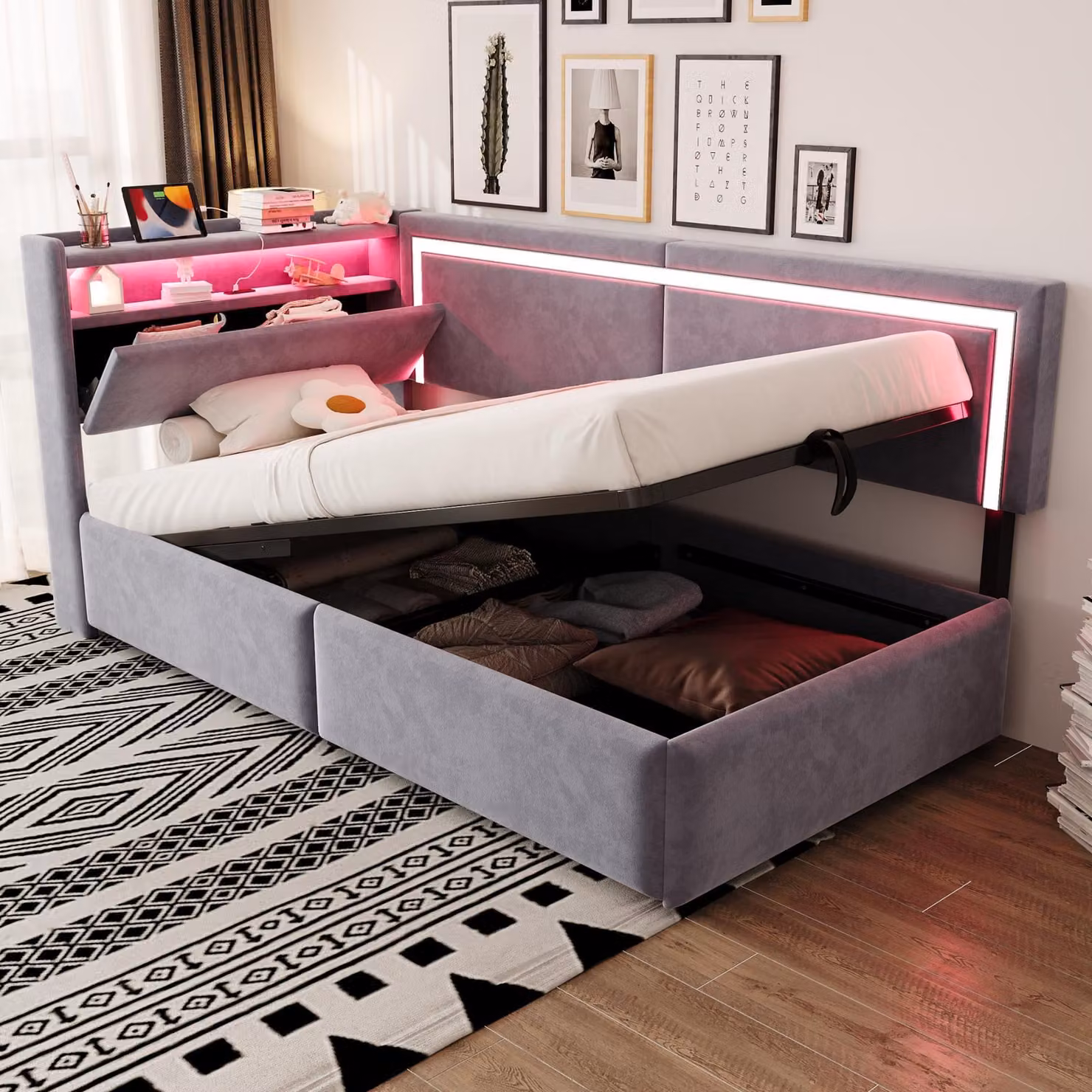 DIVANO LETTO MODFU 90x200: Divano letto imbottito con illuminazione LED e porte USB, Letto a una piazza per bambini con sistema di stoccaggio integrato sotto il letto, Completo di materasso, Colore: grigio chiaro