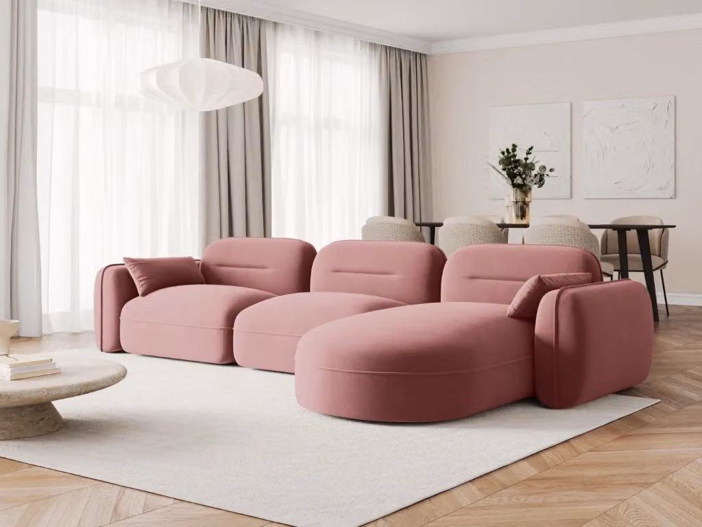 Divano angolare modulare Sydney Cosmopolitan Design a 4 posti in velluto rosa con configurazione destra L/P/H: 70 x 320 x 113 cm – 2