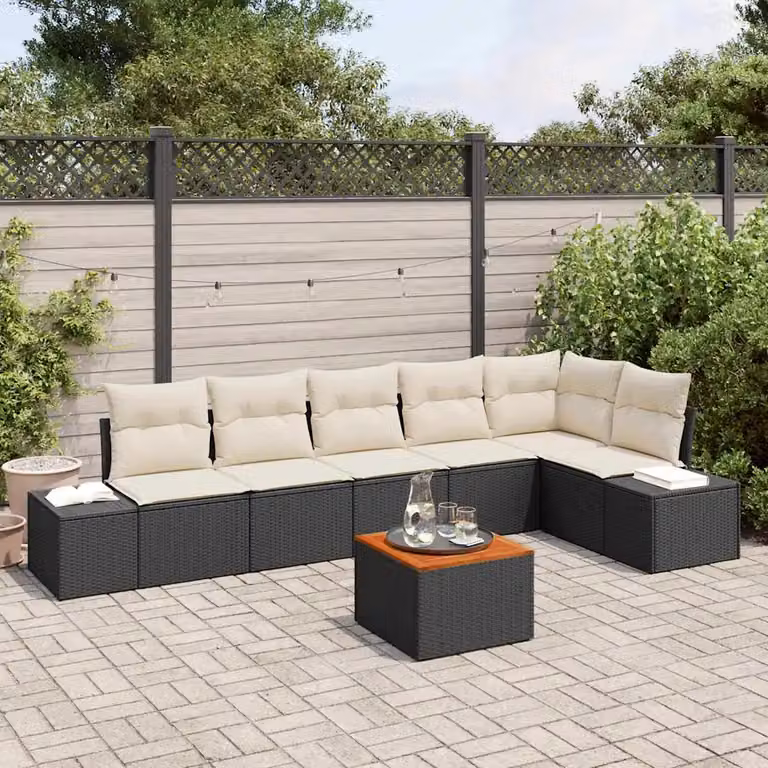Set Divano da Giardino vidaXL a L composto da 7 pezzi con Cuscini e Tavolino Nero in Polyrattan e Acciaio