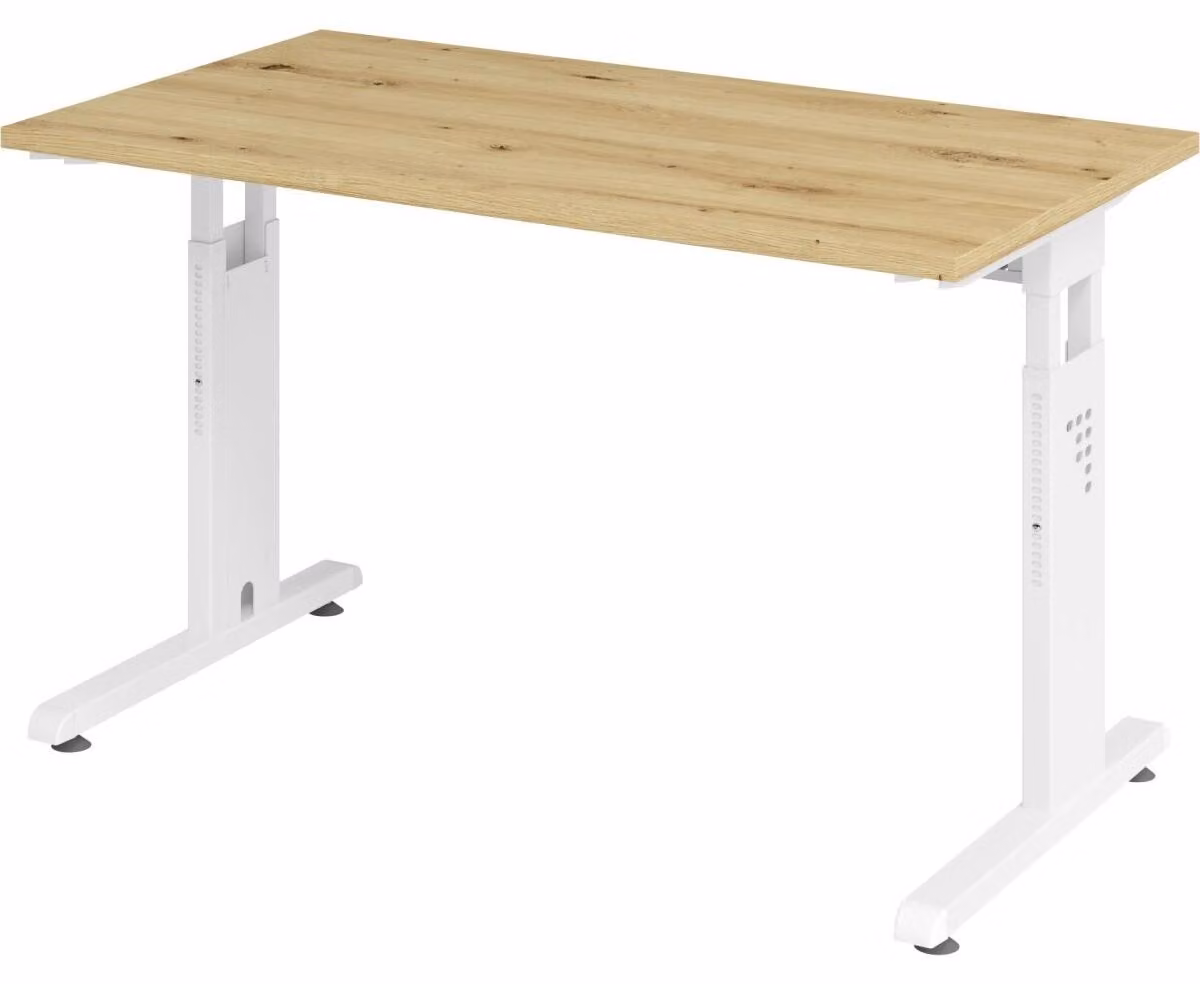 Scrivania Mini-Office serie O | 67 cm di profondità | incl. vassoio per cavi | piede a C | regolabile in altezza, dimensioni piano d'appoggio:120 x 67,2 cm, colore piano d'appoggio:rovere nodoso, colore struttura:bianco