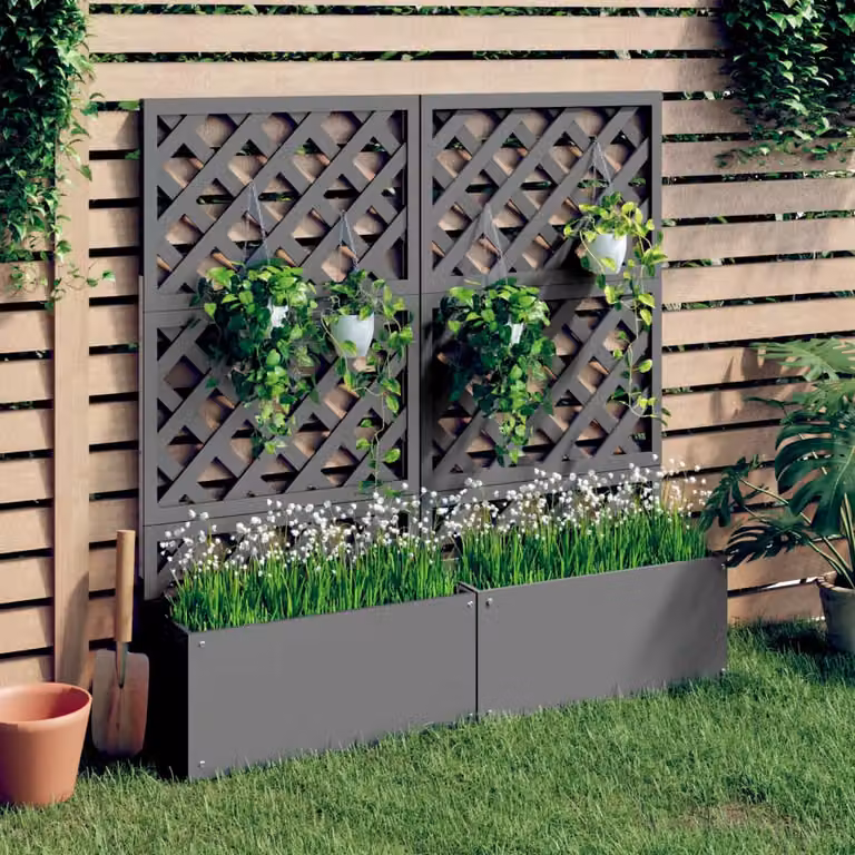 Set di 2 fioriere con traliccio vidaXL in WPC grigio, L: 65 cm, P: 33 cm, H: 135 cm