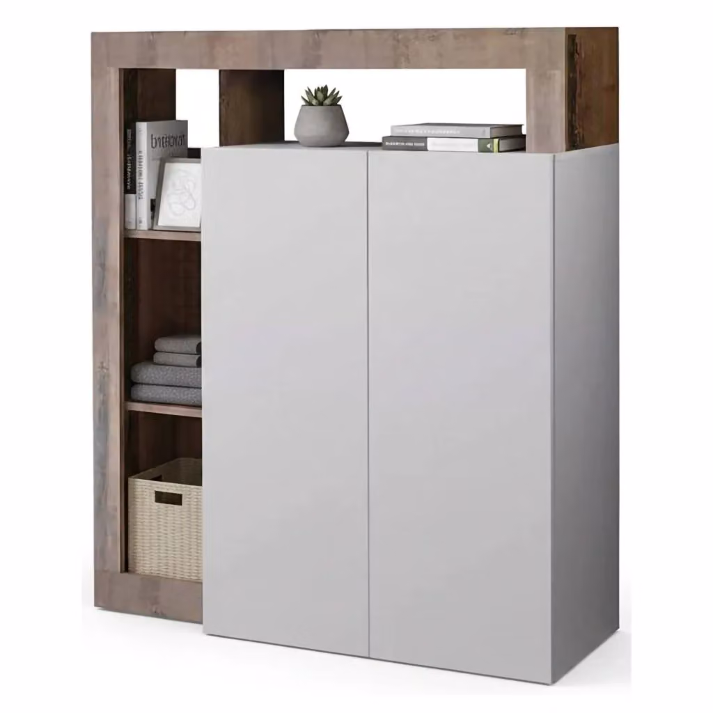 Madia Smeraldo DMORA con 5 ripiani, Credenza moderna in bianco lucido e acacia, L: 108 cm, P: 42 cm, H: 127 cm – 2