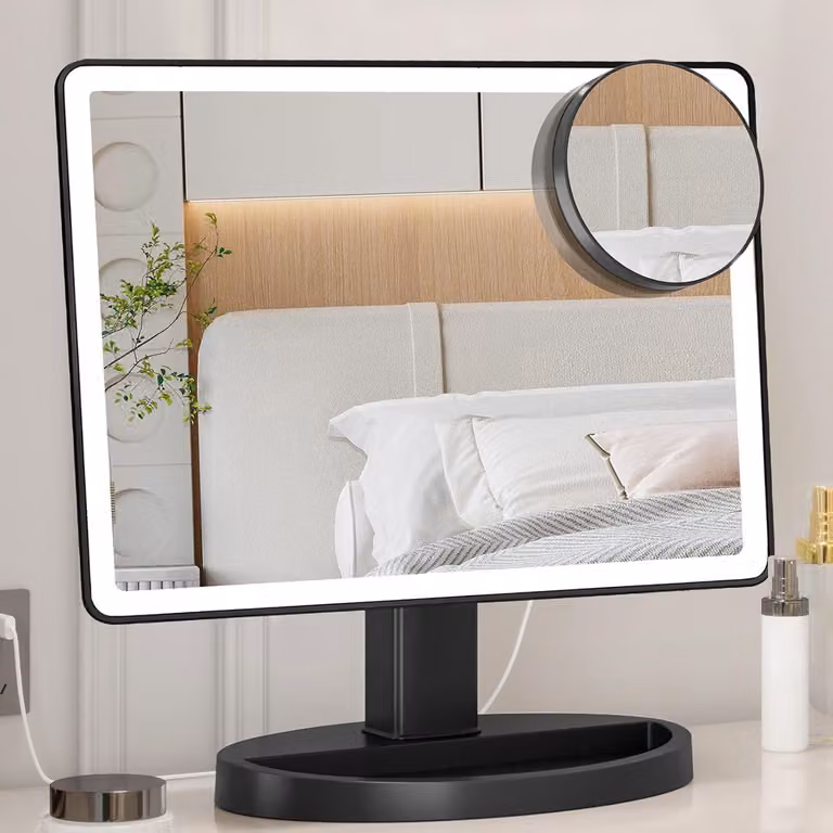 Specchio da trucco illuminato con 88 LED, 3 colori, ingrandimento 10x e rotazione a 360°
