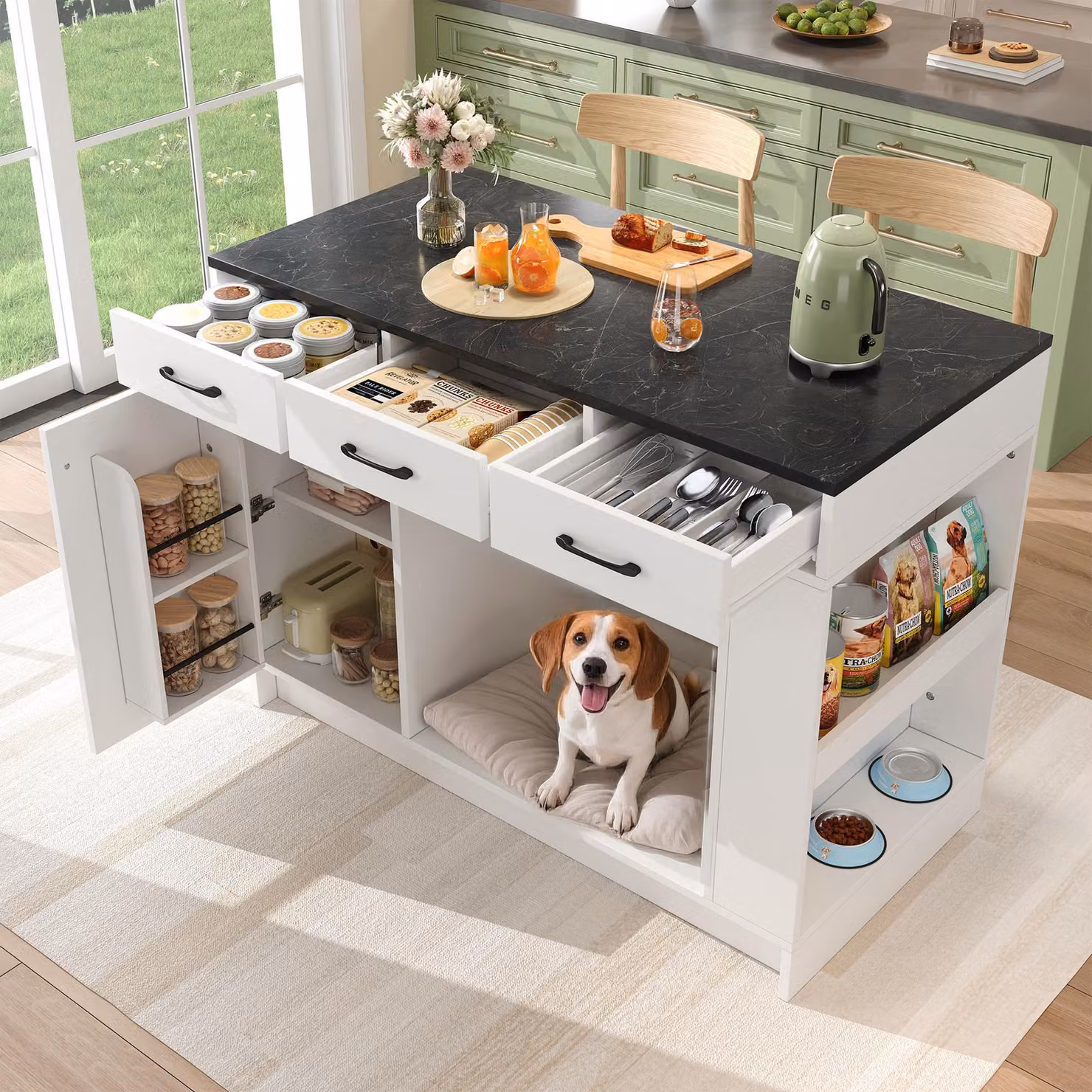 Credenza Merax a isola con zona animali, 3 cassetti, anta, portaspezie, zona ciotola per gatti, carrello da cucina, mobile da cucina, 120×60×90 cm, bianco