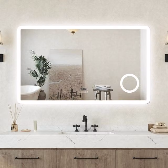 Specchio bagno Rettangolare 100x60cm Led Con 3 Luci + 3X Lente d'ingrandimento + Bluetooth + Orologio + Antiappannamento