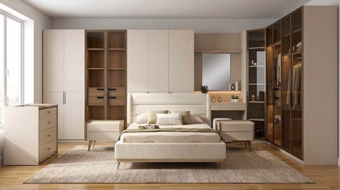 Set per camera da letto beige, moderno ed elegante, composto da letto, comodino e mobiletto angolare