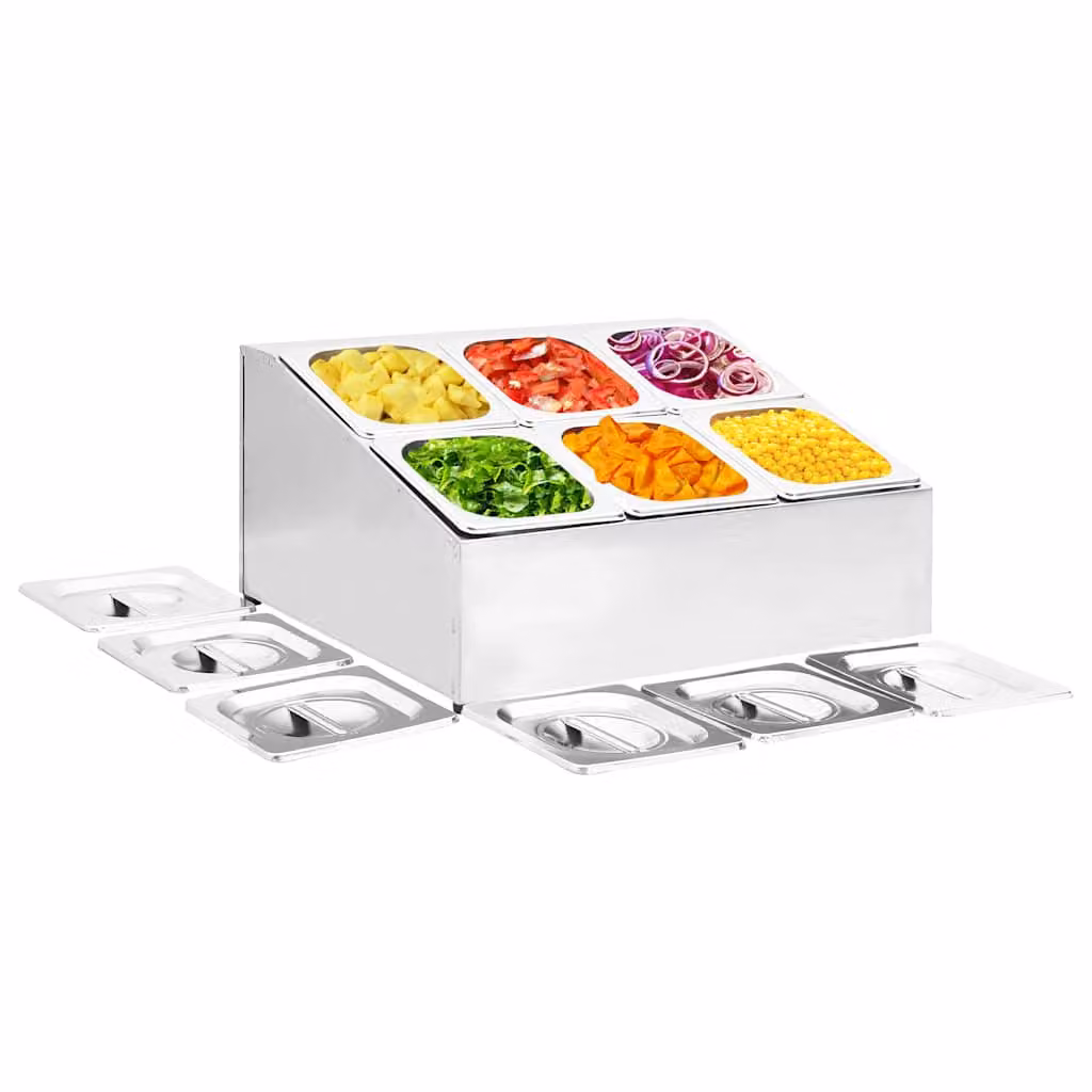 Supporto Gastronorm vidaXL in acciaio inox color argento con 6 contenitori GN 1/6 e coperchi sciolti, lavabile in lavastoviglie