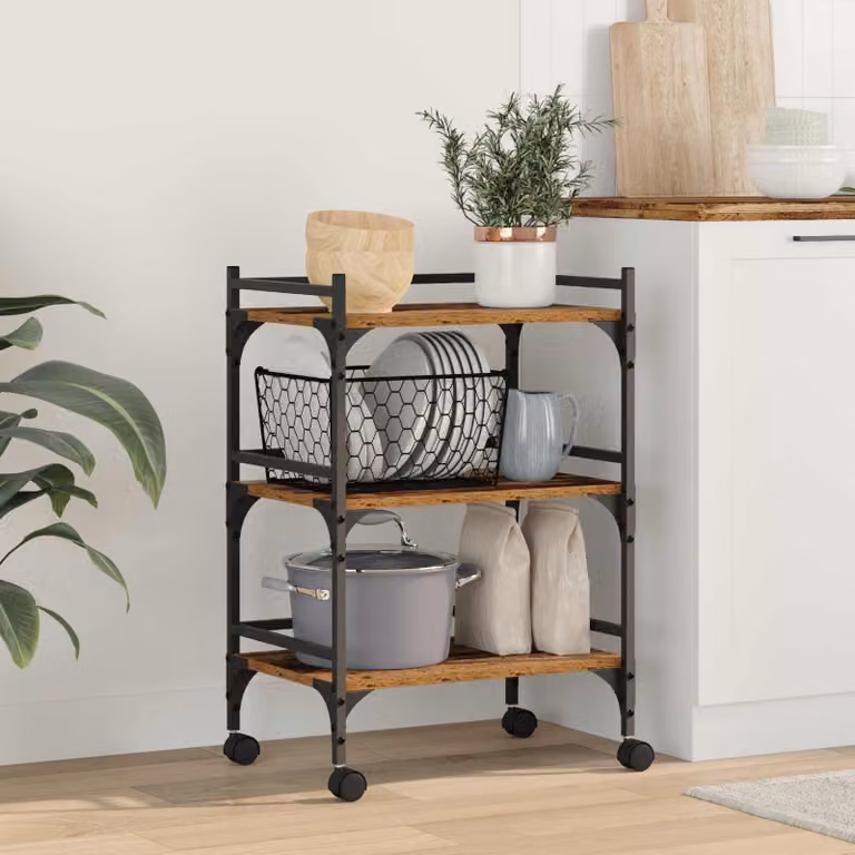 vidaXL Carrello da Cucina in Stile Industrial con Ruote, Legno Vecchio e Metallo, Marrone, L 50 cm x P 35 cm x H 75.5 cm