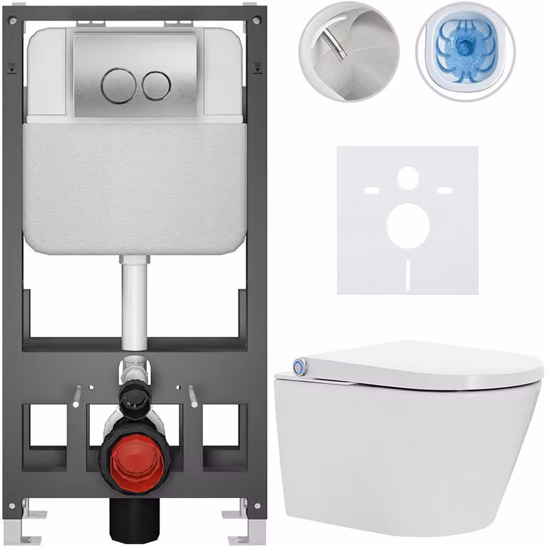 WC sospeso con bidet Cronus Standard - bianco lucido - pulsante Prime/Dualo, argento - a pavimento - installazione a parete/con pannelli di cartongesso - 59,3 x 38,4 cm