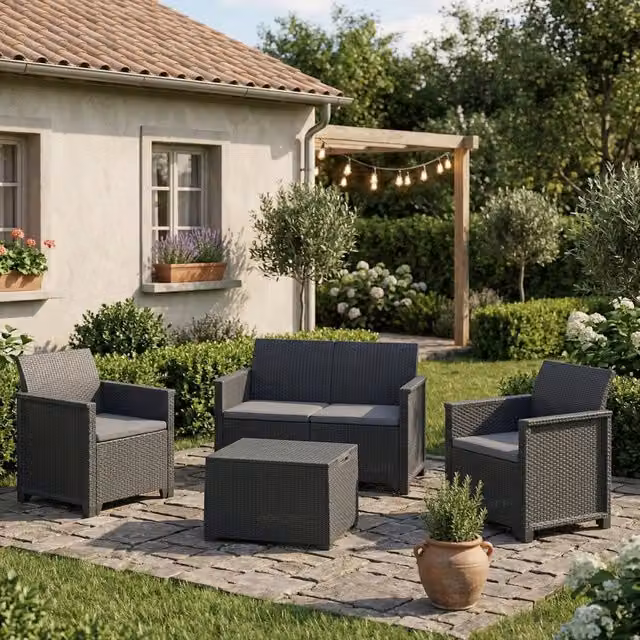 Set salotto da esterno Orillia DMORA colore antracite con divano a 2 posti, poltrona lounge e tavolino da caffè, L 113 x P 65 x H 74 cm