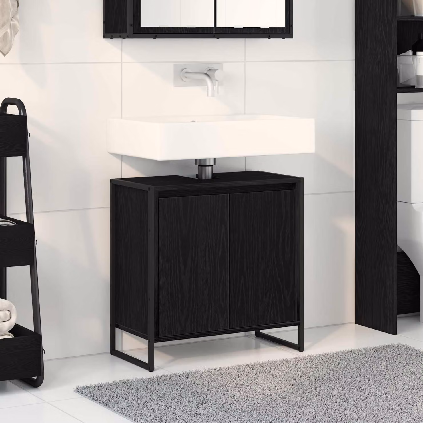 Mobile da bagno vidaXL in stile industriale, colore nero e rovere, con ante a cerniera, L 60 x P 30 x H 60 cm