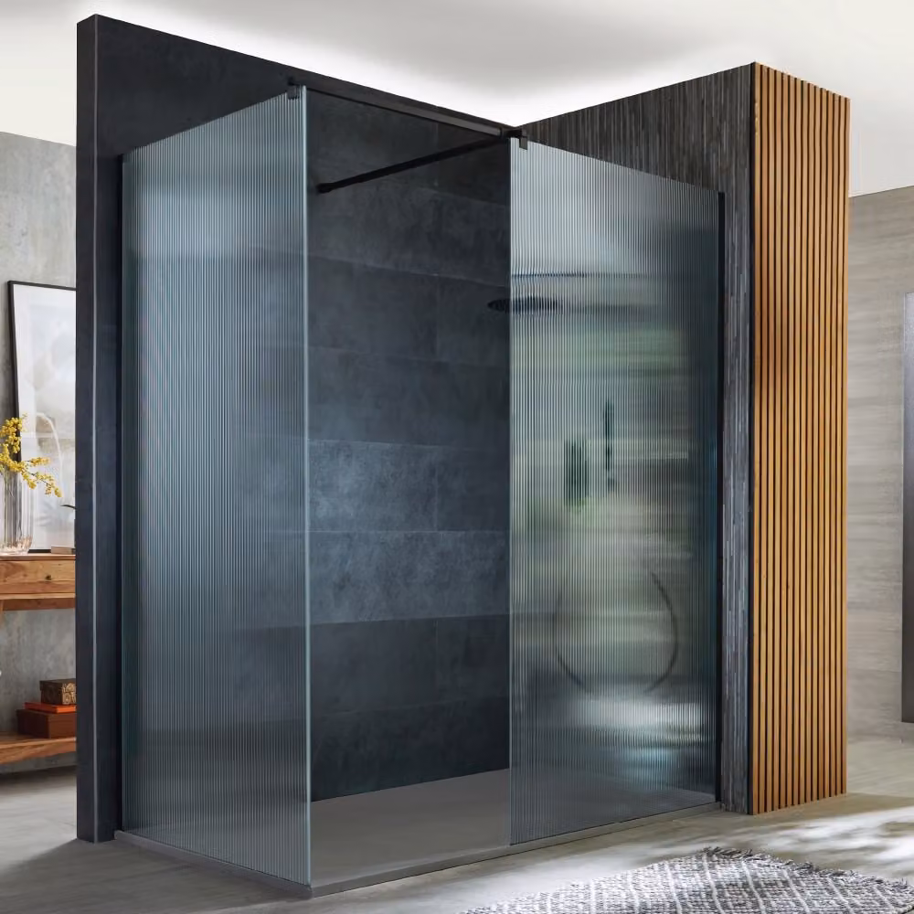 Box Doccia Walk-In Angolare Nero In Vetro Scanalato Con Piatto Effetto Ardesia - Varie Misure