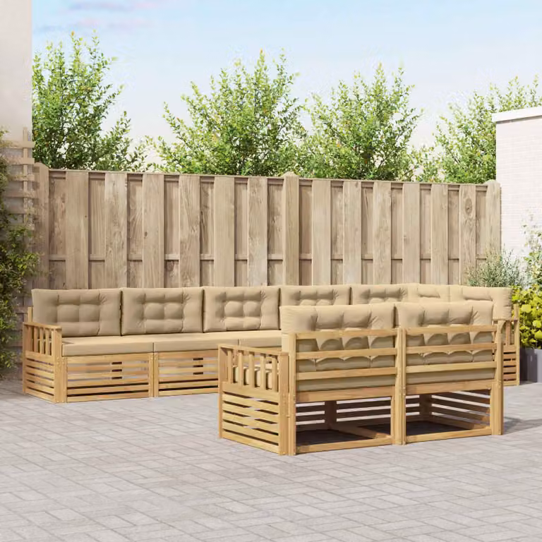 Set di divani da esterno vidaXL a forma di L composto da 8 pezzi in legno di acacia con cuscini, colori bianco, beige e marrone