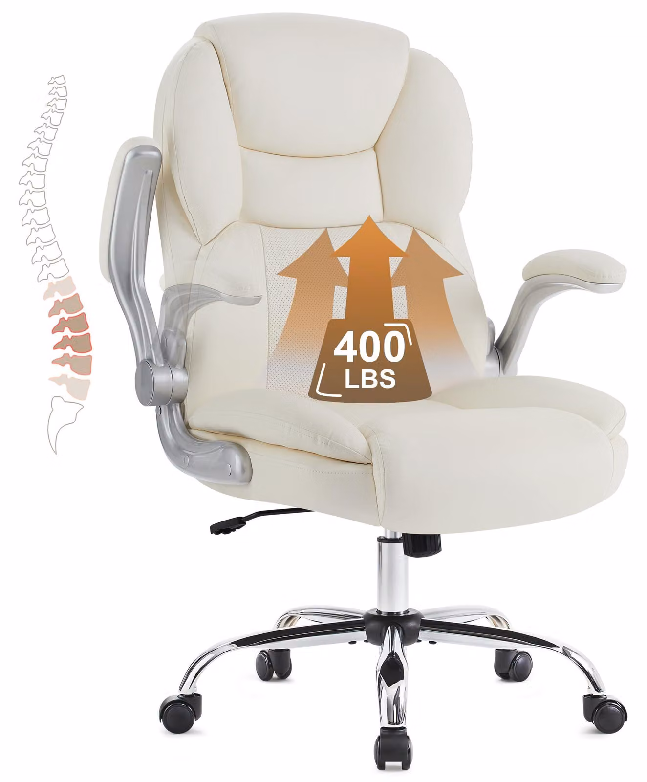 Sedia da ufficio ergonomica, colore bianco, rivestita in ecopelle, con braccioli pieghevoli, dimensioni 70x70x115 cm