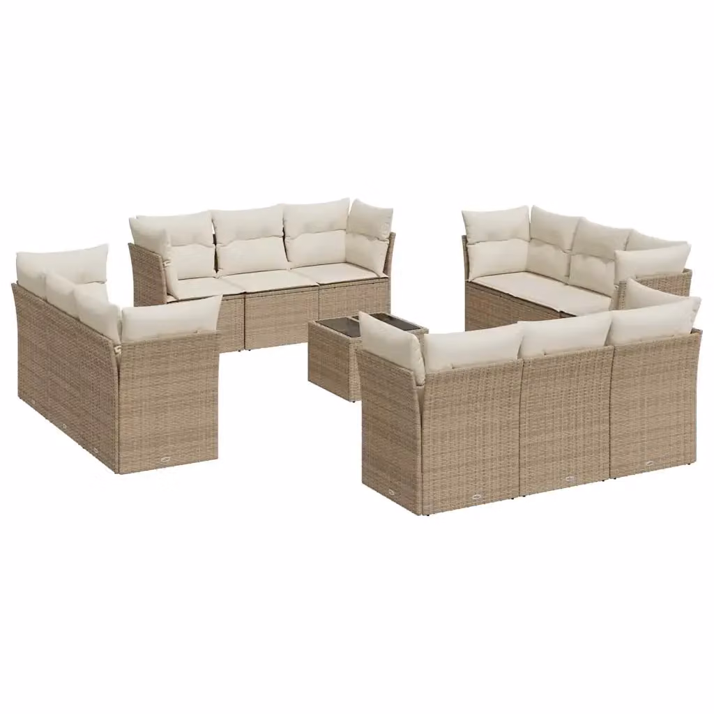 Set Divano da Giardino vidaXL a forma a U in Polyrattan con 13 pezzi, Cuscini Beige e Tavolino da Esterno – 2