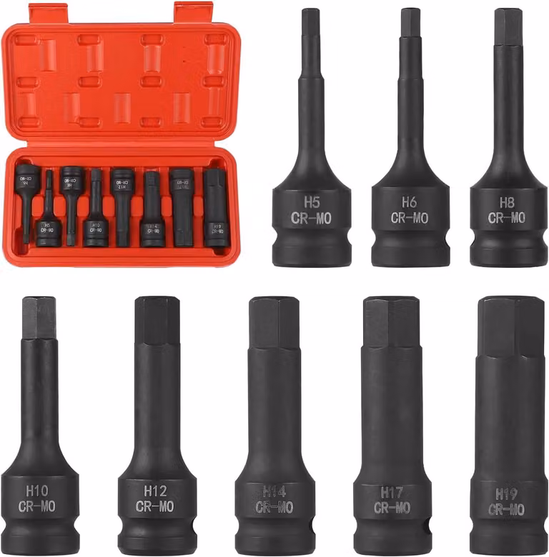 Set di chiavi a bussola esagonali, 8 pezzi, 1/2 pollice, da H5 a H19, in acciaio cromo-molibdeno, con custodia per l'officina