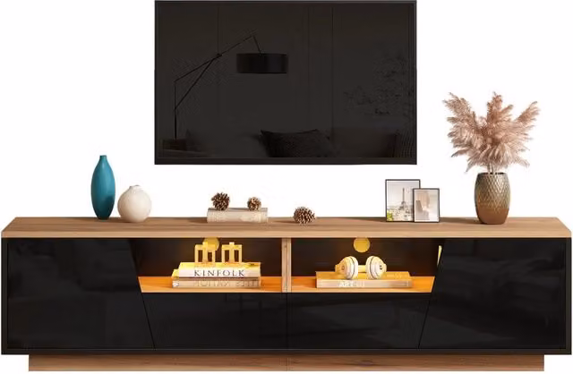 Mobile TV Minimal Nero effetto legno con illuminazione LED integrata, adatto per TV fino a 75 pollici, L/P/H: 180 x 40 x 46 cm – 1