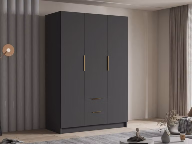 MIRJAN24 Armadio Calwi I 150, camera da letto, armadio ad ante battenti, con appendiabiti, moderno, guardaroba, maniglie in metallo (colore: nero + oro)