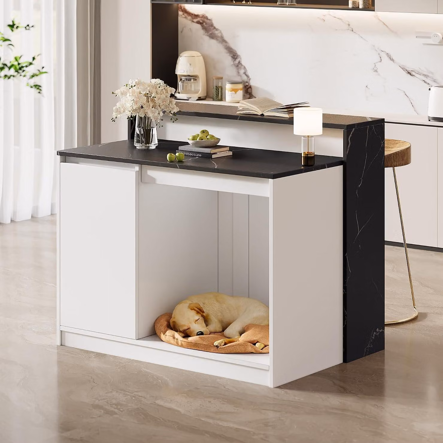Isola multifunzionale per la cucina, con bancone bar, tavolo da pranzo e area relax per animali domestici, ideale per cucina e sala da pranzo, colore bianco con effetto marmo nero, dimensioni 120x80x100 cm
