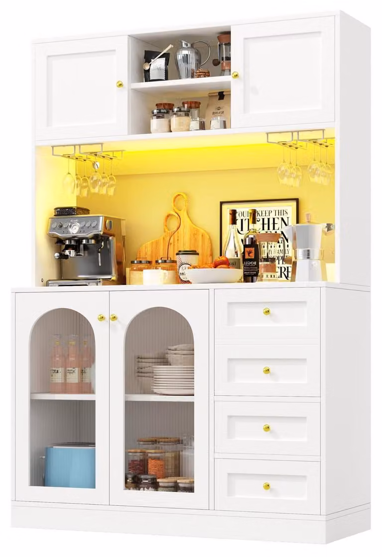 Mobiletto da cucina, armadio contenitore, credenza con illuminazione a LED, 4 ante, mobile portaoggetti, dimensioni 120x40x188 cm, colore bianco