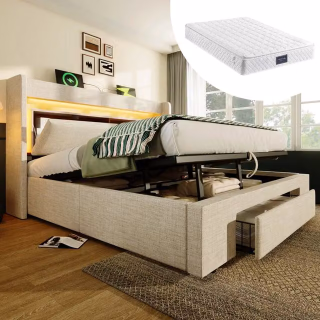 letto imbottito lino beige 140 x 200 cm