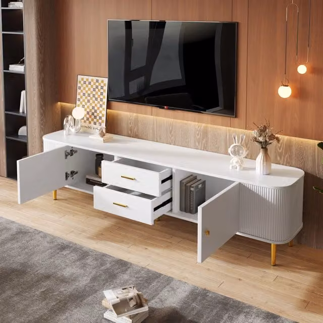 Mobile TV moderno Zephmum bianco con cassetti e dettagli dorati L: 170 cm, P: 34 cm, H: 45 cm
