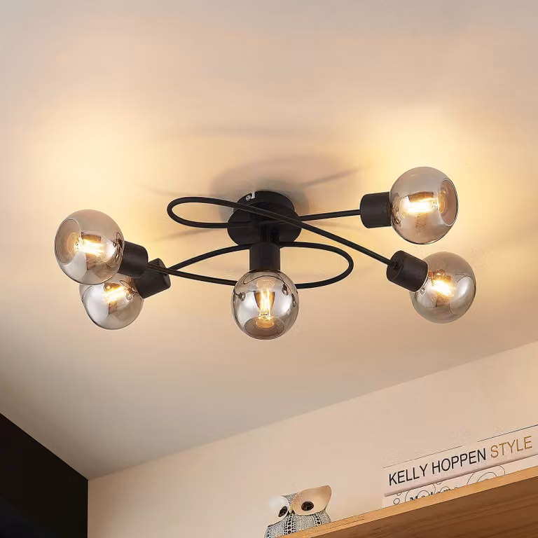 Plafoniera soffitto Elaina Lindby, dimmerabile, Nero, Soggiorno / Sala da pranzo, Metallo, Moderno, Plafoniera