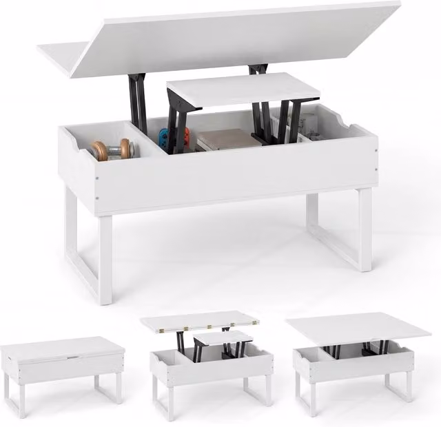 Tavolino da caff¨¨ convertibile 3 in 1 con piano sollevabile e vani nascosti, Tavolino moderno in legno per soggiorno e ufficio Bianco