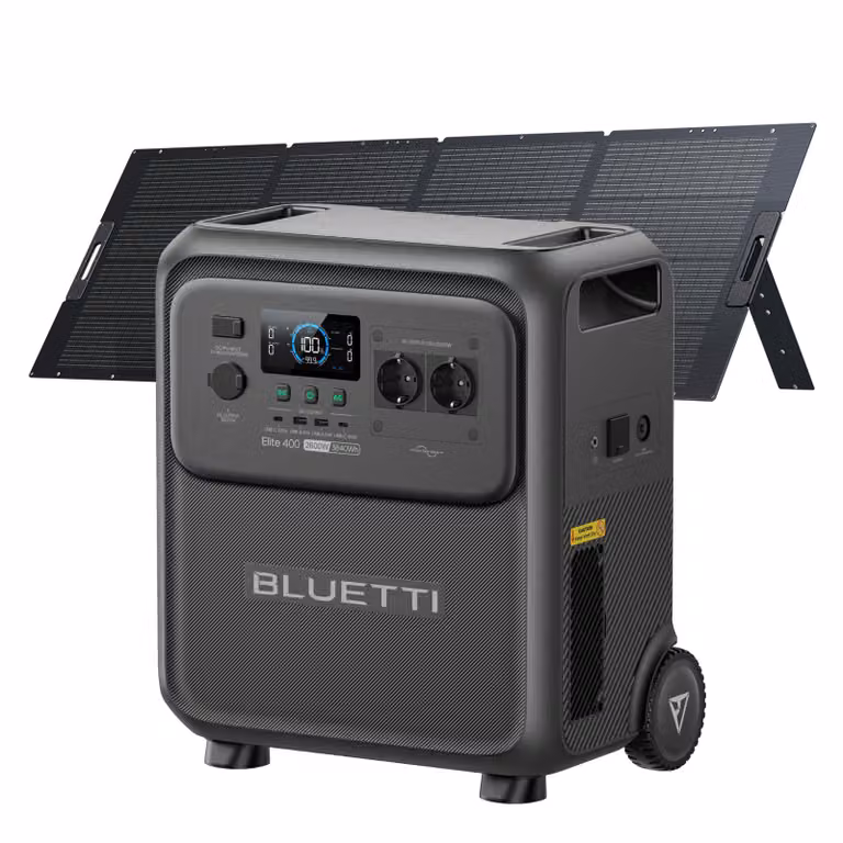 Generatore solare BLUETTI Elite 400 con pannello solare da 350 W, batteria LiFePO4 da 3840 Wh, batteria di emergenza ad alta capacità e rotelle, ideale per la casa e i camper