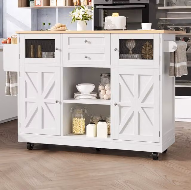 Isola da cucina ULEVR 140x70 cm pieghevole con ruote, 2 ante regolabili e piano in MDF bianco