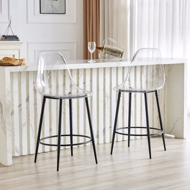 Set di 2 sgabelli da bar moderni OKWISH trasparenti con schienale ergonomico e base in metallo nero, L: 39 cm, P: 45 cm, H: 66 cm