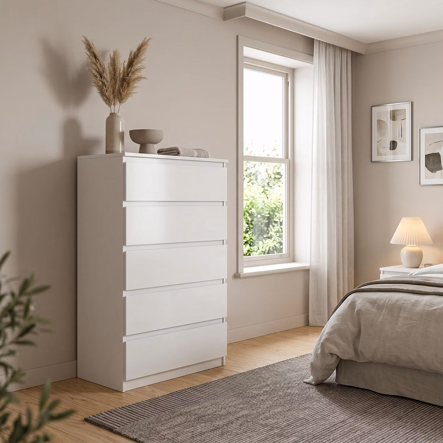Comodà Masseno NUDO da 70 cm con 5 cassetti e ante, per soggiorno e camera da letto, stile moderno, 70x39x124,5 cm, bianco / bianco