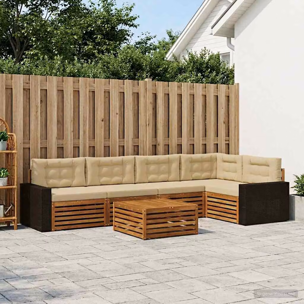 Set di divani da esterno vidaXL 6 pz in legno di acacia con cuscini beige e sabbia, design moderno a L con tavolino da caffè