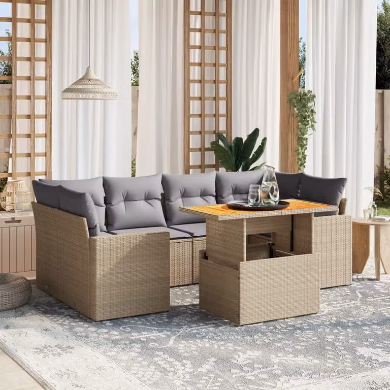 vidaXL Set Divani da Giardino 7 pz a Forma a L in Polyrattan con Cuscini Beige e Grigio e Tavolino da Esterno
