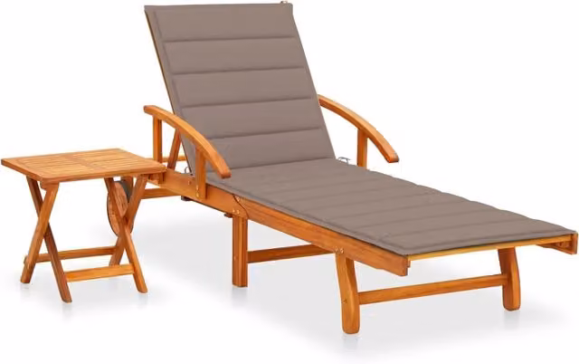 Lettino prendisole da giardino Outsunny in legno di acacia con cuscino beige e tavolo laterale