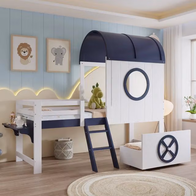 Letto a soppalco per bambini con tetto e finestra, cassetto inferiore su ruote, scala inclinata a due gradini, 90x200 cm, bianco e blu scuro