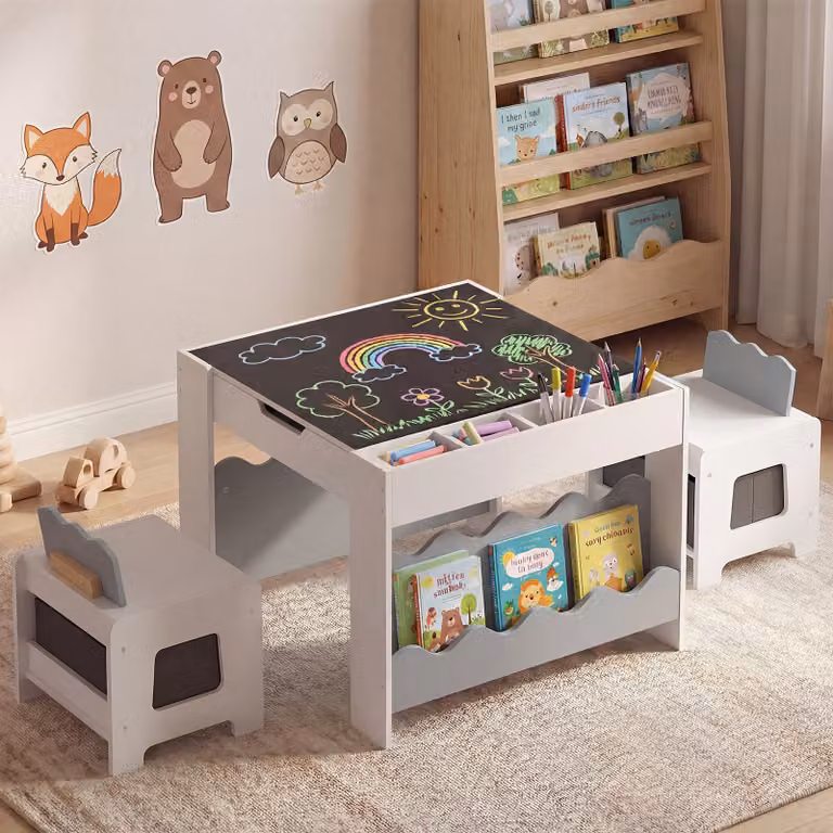 Set tavolo e 2 sedie Costway per bambini dai 3 ai 6 anni in legno con lavagna reversibile e cassetto, Grigio e Bianco
