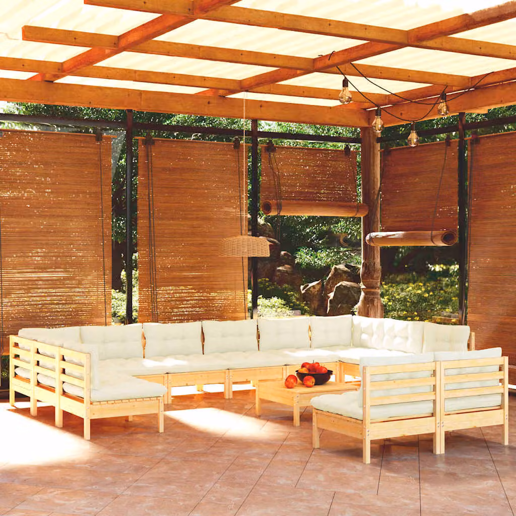 Set Divani da Giardino vidaXL 13 pz in Legno di Pino Trattato con Cuscini Beige e Bianco a Forma di U