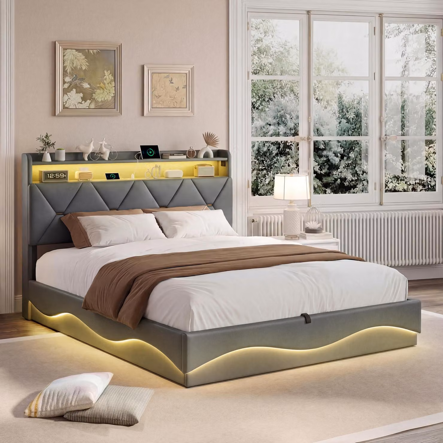 Letto imbottito ProximaX 160x200 cm, velluto grigio, vano contenitore idraulico, testiera con illuminazione a LED e ripiano, stazione di ricarica USB